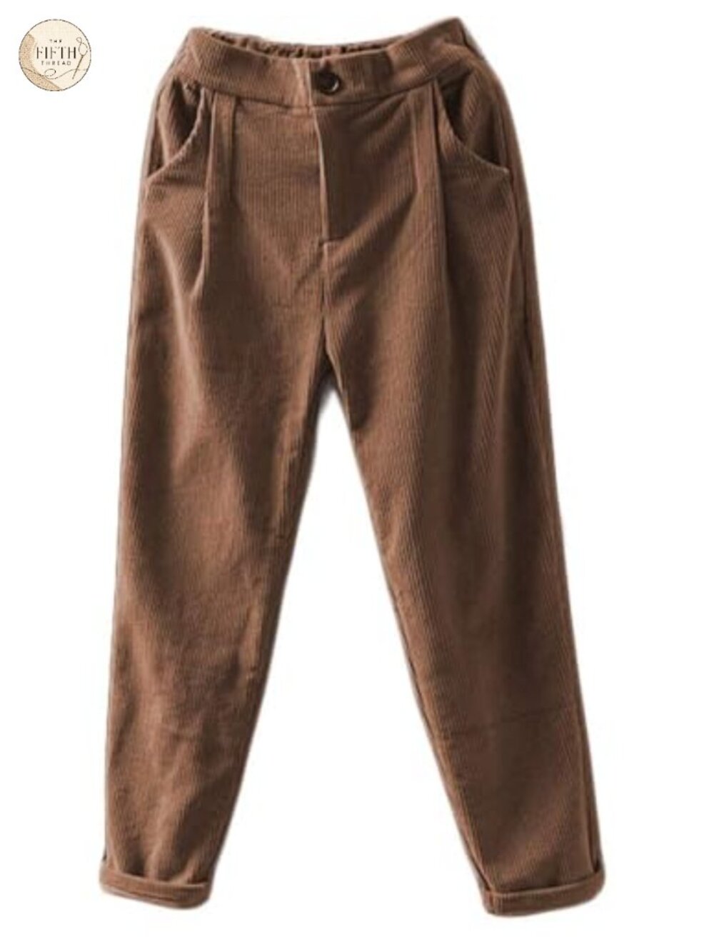 Cropped Corduroy Pants Elastic Waist Retro Trousers with Pockets